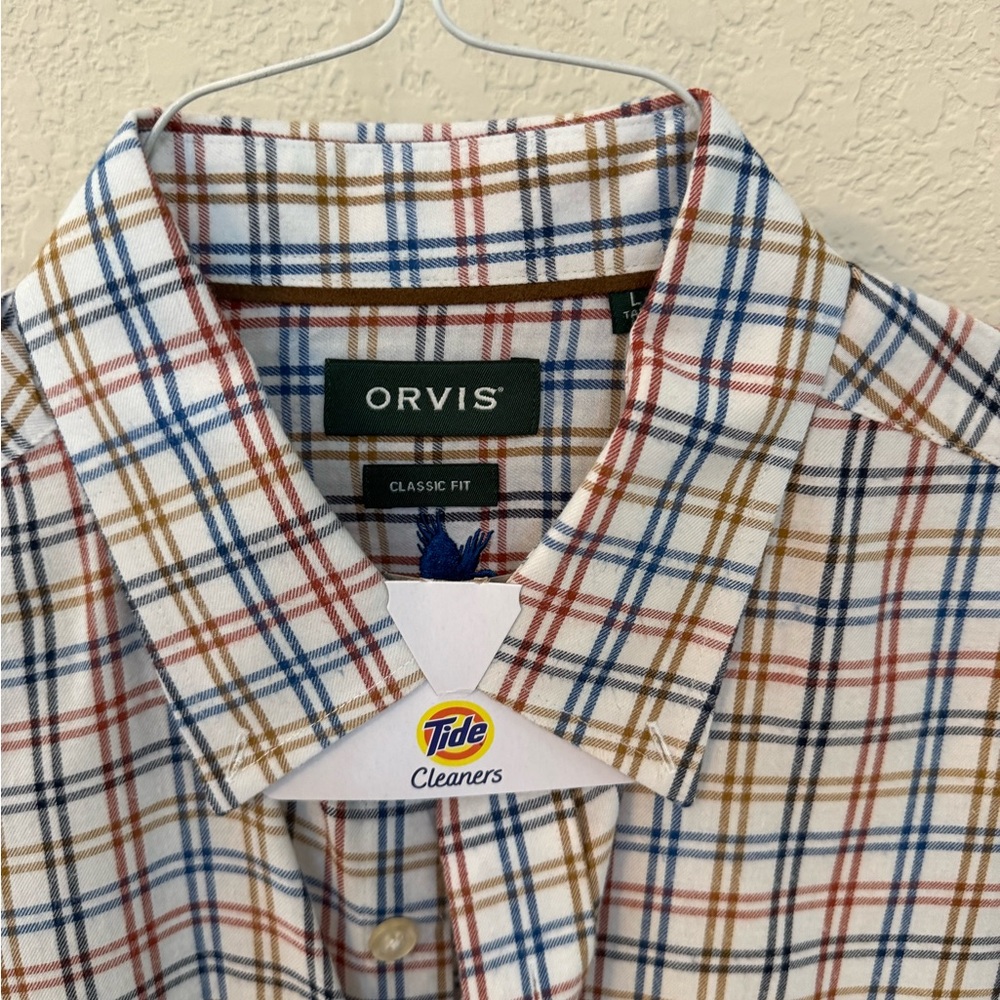 Orvis Casual Button Down Shirt Blue, Brown, Black, & Rust Color plaid. Size LT.